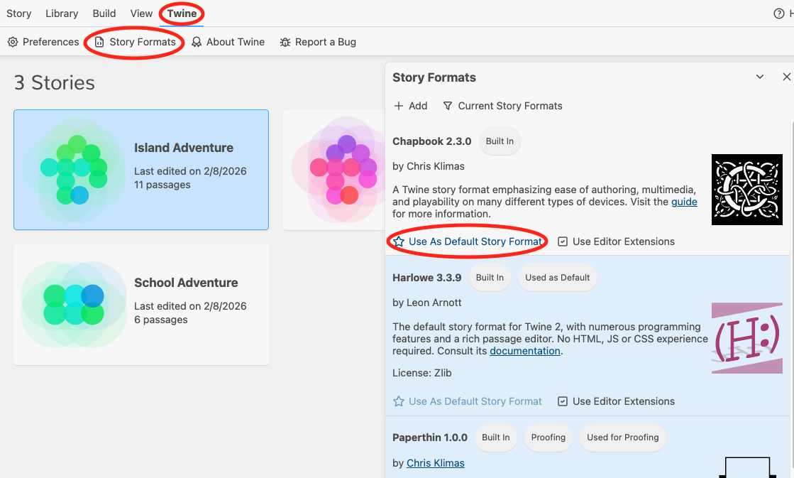 Choose default story format in Twine